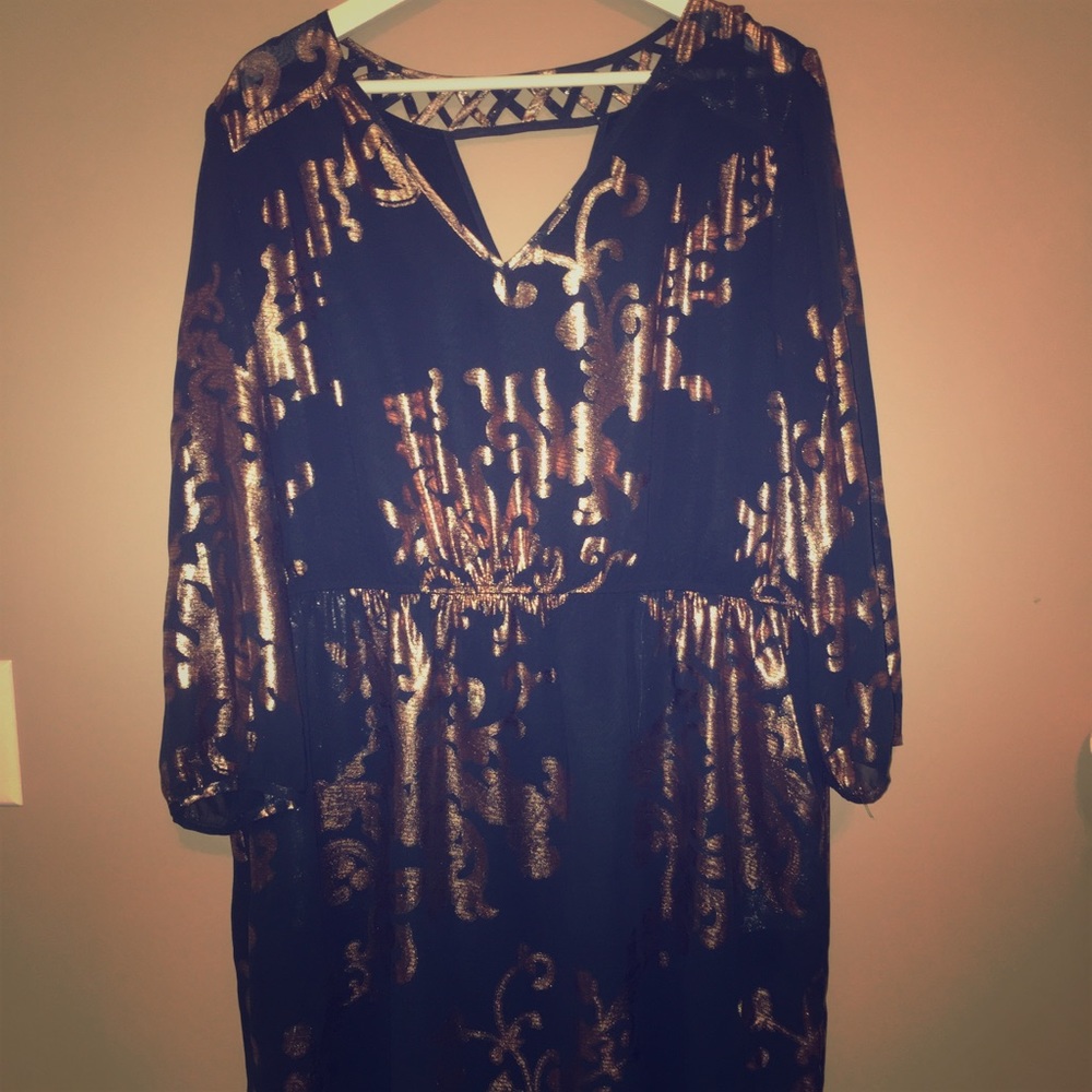 Skies are Blue Navy and Gold Dress w/ pockets xxl